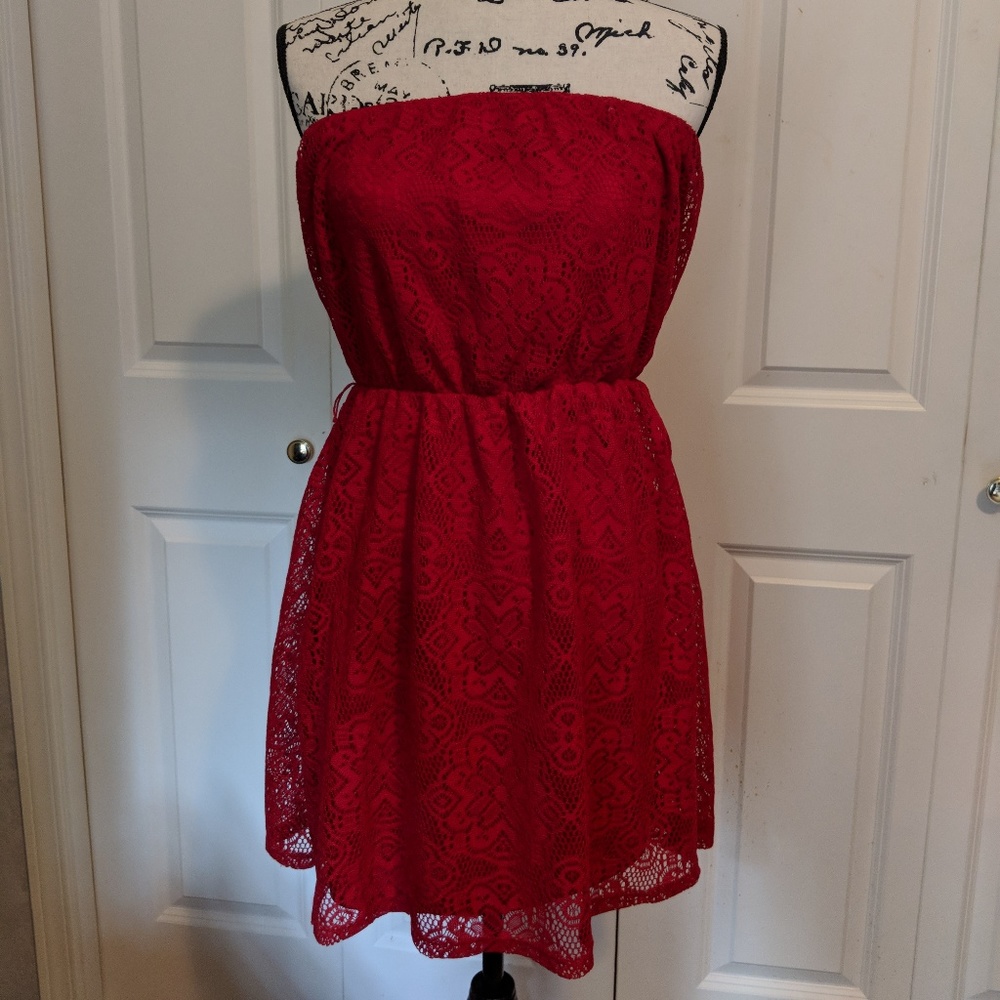 Red Lace Strapless Mini Tube Dress, Elastic Waist
